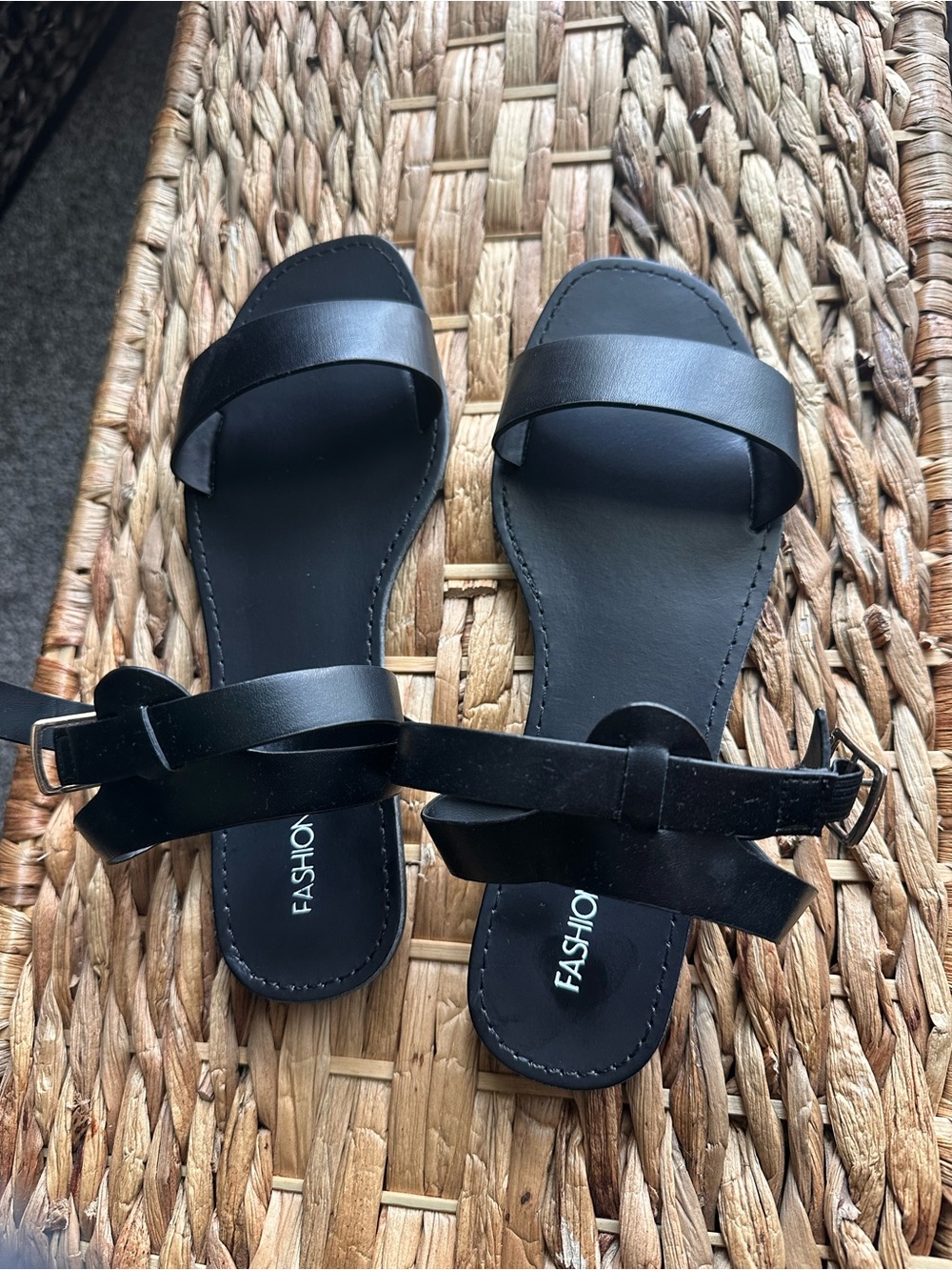 Black Women's Flat Slide Sandals with Ankle Strap- Size 7 1/2